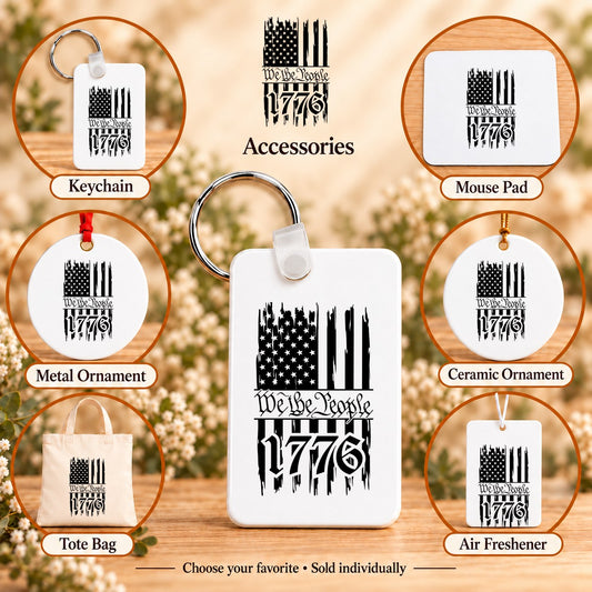 One Nation Under God We the People — keychain, mouse pad, metal ornament, ceramic ornament, canvas tote and unscented air freshener overview; sold individually