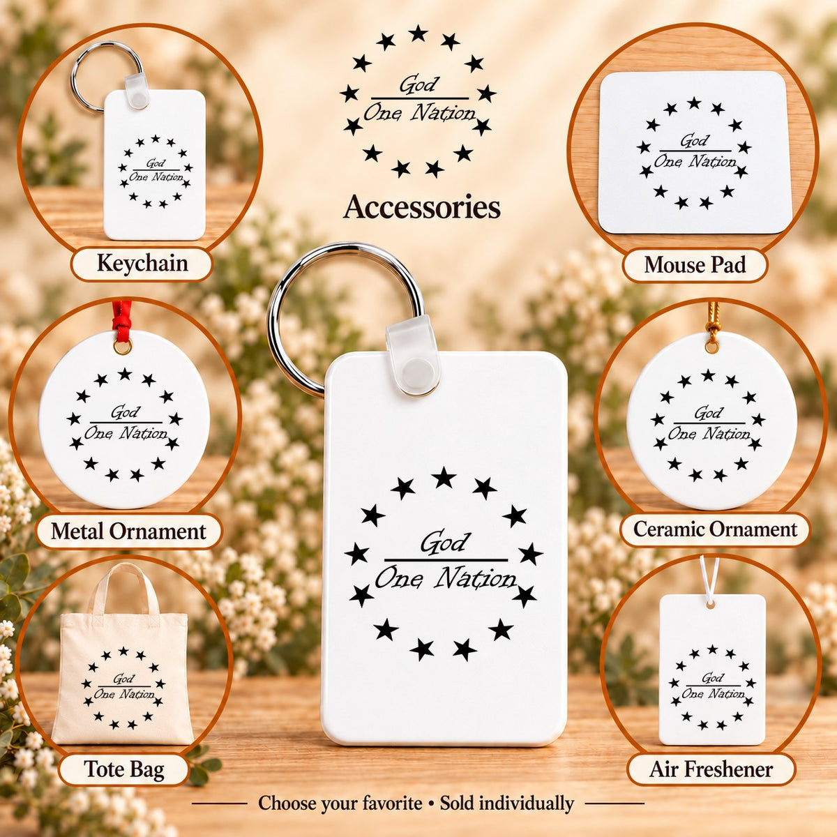 One Nation Under God — keychain, mouse pad, metal ornament, ceramic ornament, canvas tote and unscented air freshener overview; sold individually