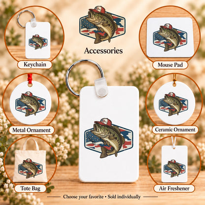 Patriotic Bass — keychain, mouse pad, metal ornament, ceramic ornament, canvas tote and unscented air freshener overview; sold individually