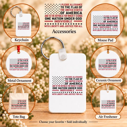 Pledge of Allegiance — keychain, mouse pad, metal ornament, ceramic ornament, canvas tote and unscented air freshener overview; sold individually
