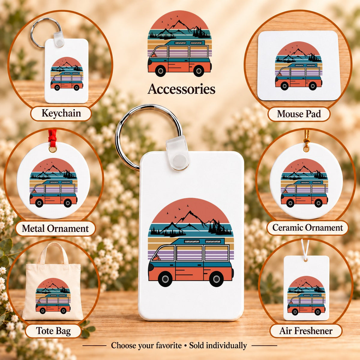 Retro Adventure Van — keychain, mouse pad, metal ornament, ceramic ornament, canvas tote and unscented air freshener overview; sold individually