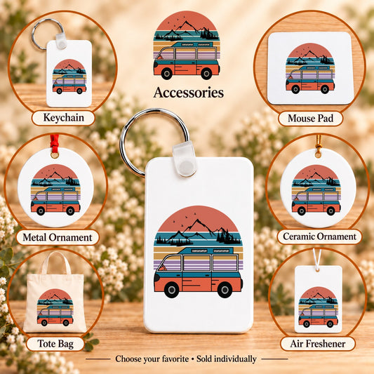 Retro Adventure Van — keychain, mouse pad, metal ornament, ceramic ornament, canvas tote and unscented air freshener overview; sold individually