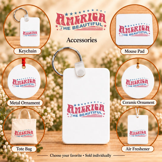 Retro America the Beautiful — keychain, mouse pad, metal ornament, ceramic ornament, canvas tote and unscented air freshener overview; sold individually