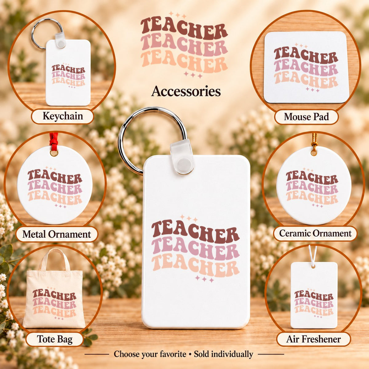Retro Teacher Repeat — keychain, mouse pad, metal ornament, ceramic ornament, canvas tote and unscented air freshener overview; sold individually