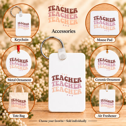 Retro Teacher Repeat — keychain, mouse pad, metal ornament, ceramic ornament, canvas tote and unscented air freshener overview; sold individually