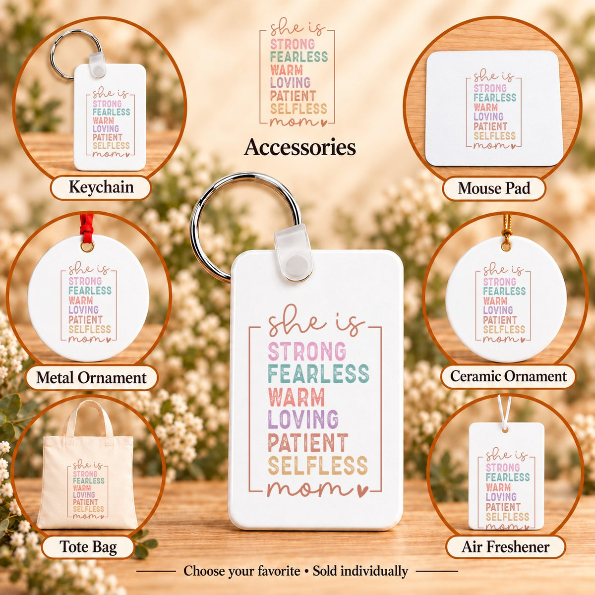 She Is Strong Fearless Loving Mom — keychain, mouse pad, metal ornament, ceramic ornament, canvas tote and unscented air freshener overview; sold individually