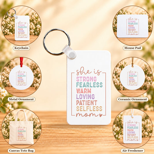 She Is Strong Fearless Loving Mom — keychain, mouse pad, metal ornament, ceramic ornament, canvas tote and unscented air freshener overview; sold individually