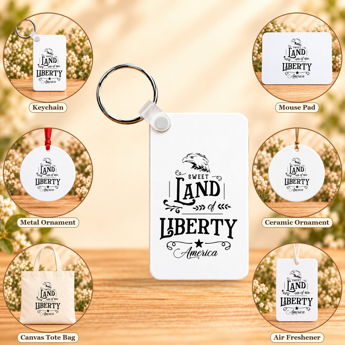 Sweet Land of Liberty — keychain, mouse pad, metal ornament, ceramic ornament, canvas tote and unscented air freshener overview; sold individually