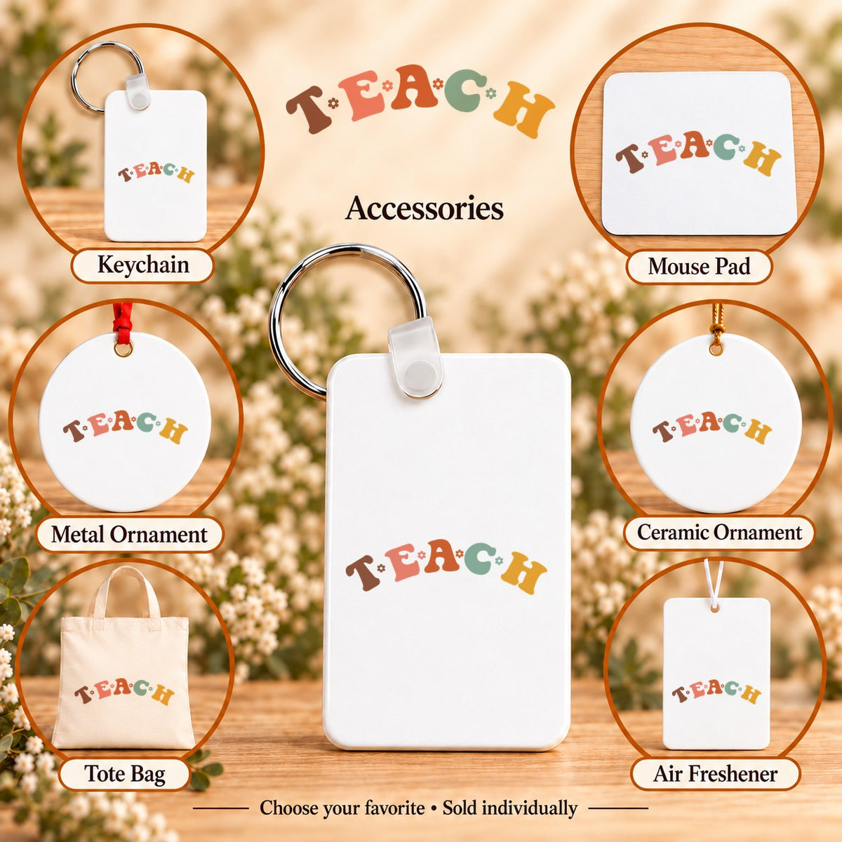 Teach Retro Teacher — keychain, mouse pad, metal ornament, ceramic ornament, canvas tote and unscented air freshener overview; sold individually