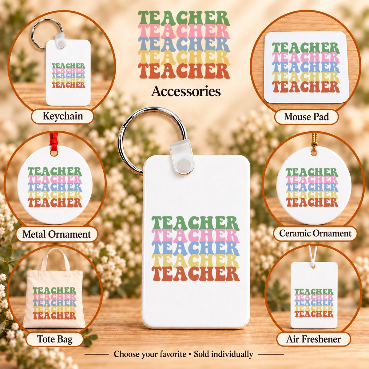 Teacher Retro Rainbow — keychain, mouse pad, metal ornament, ceramic ornament, canvas tote and unscented air freshener overview; sold individually