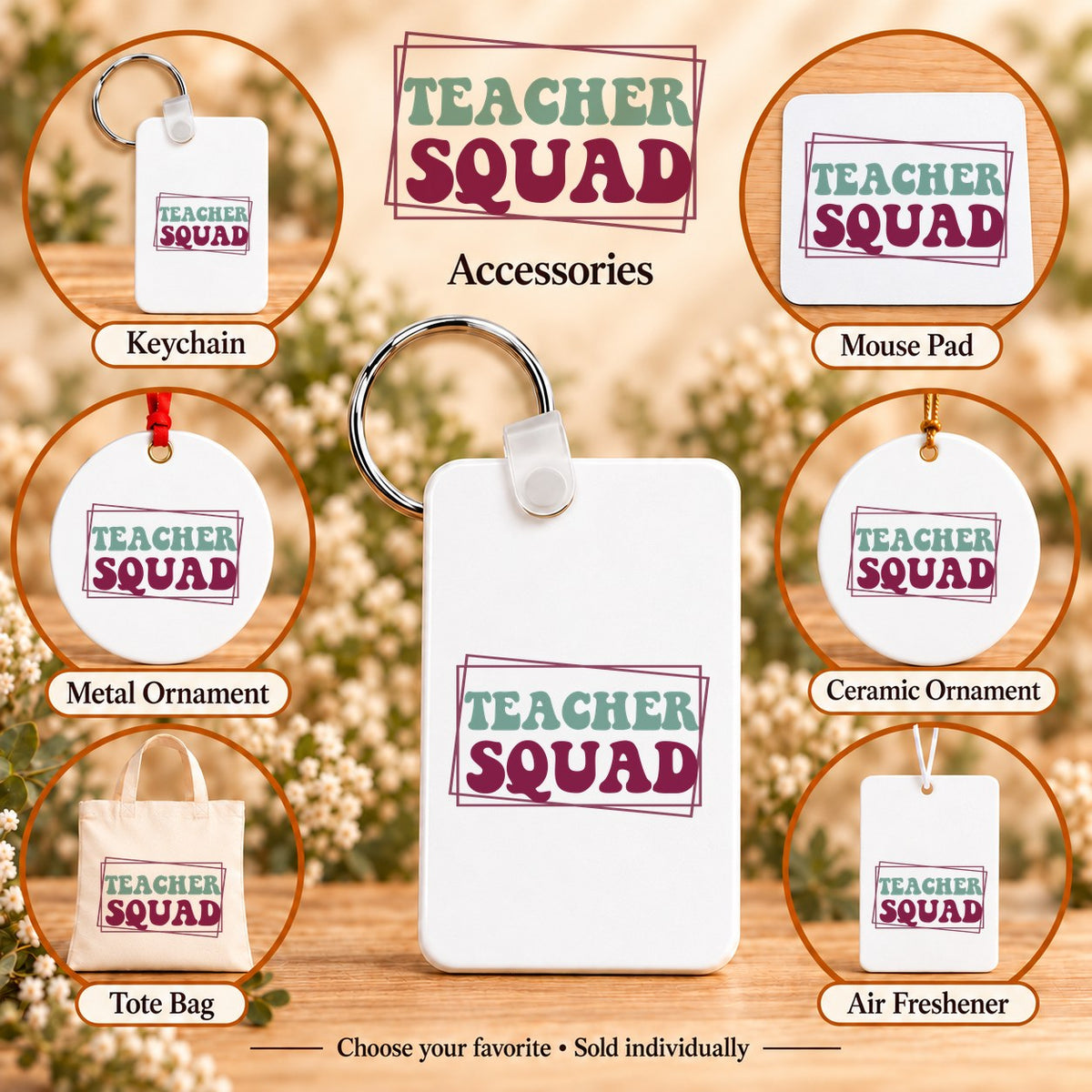 Teacher Squad — keychain, mouse pad, metal ornament, ceramic ornament, canvas tote and unscented air freshener overview; sold individually