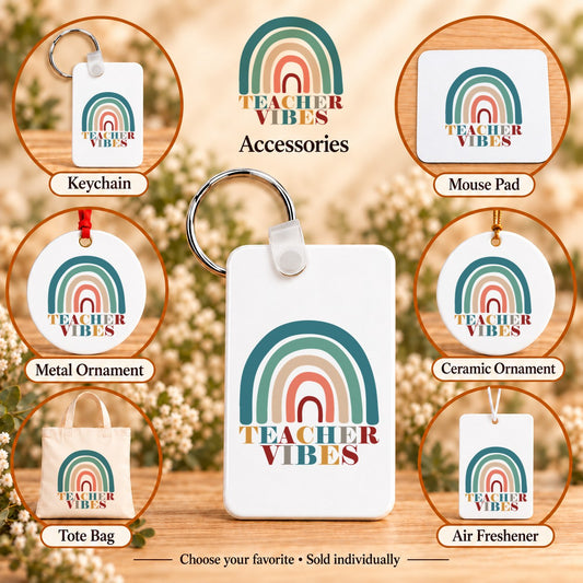 Teacher Vibes Retro Rainbow — keychain, mouse pad, metal ornament, ceramic ornament, canvas tote and unscented air freshener overview; sold individually