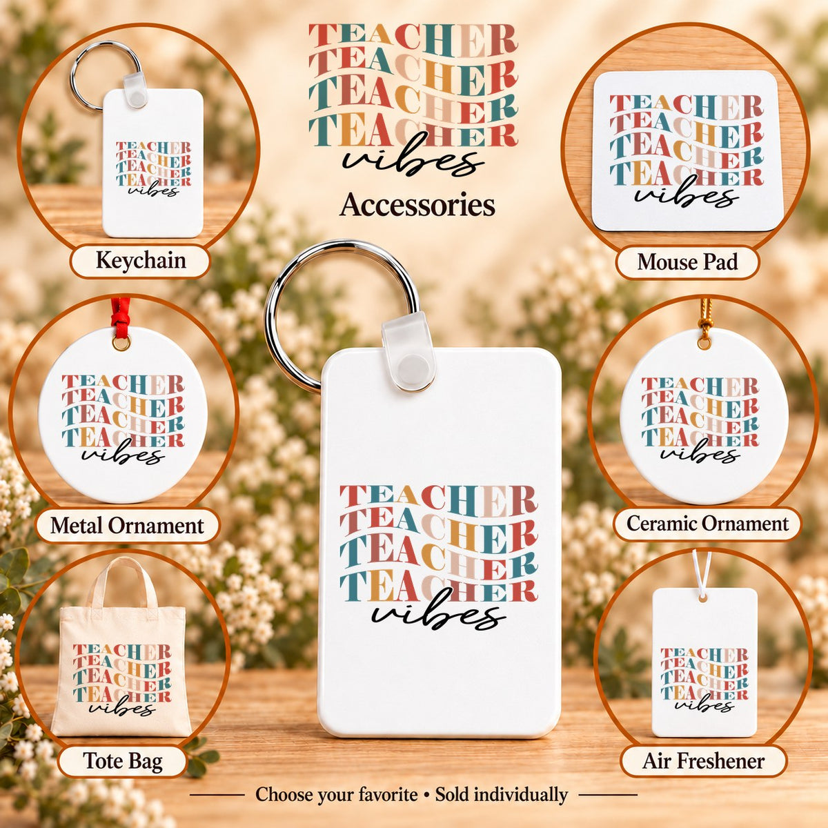 Teacher Vibes Retro Typography — keychain, mouse pad, metal ornament, ceramic ornament, canvas tote and unscented air freshener overview; sold individually