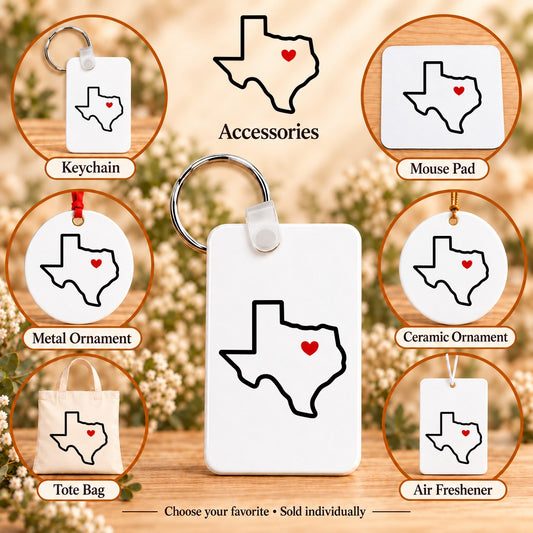 Texas Heart Dallas — keychain, mouse pad, metal ornament, ceramic ornament, canvas tote and unscented air freshener overview; sold individually