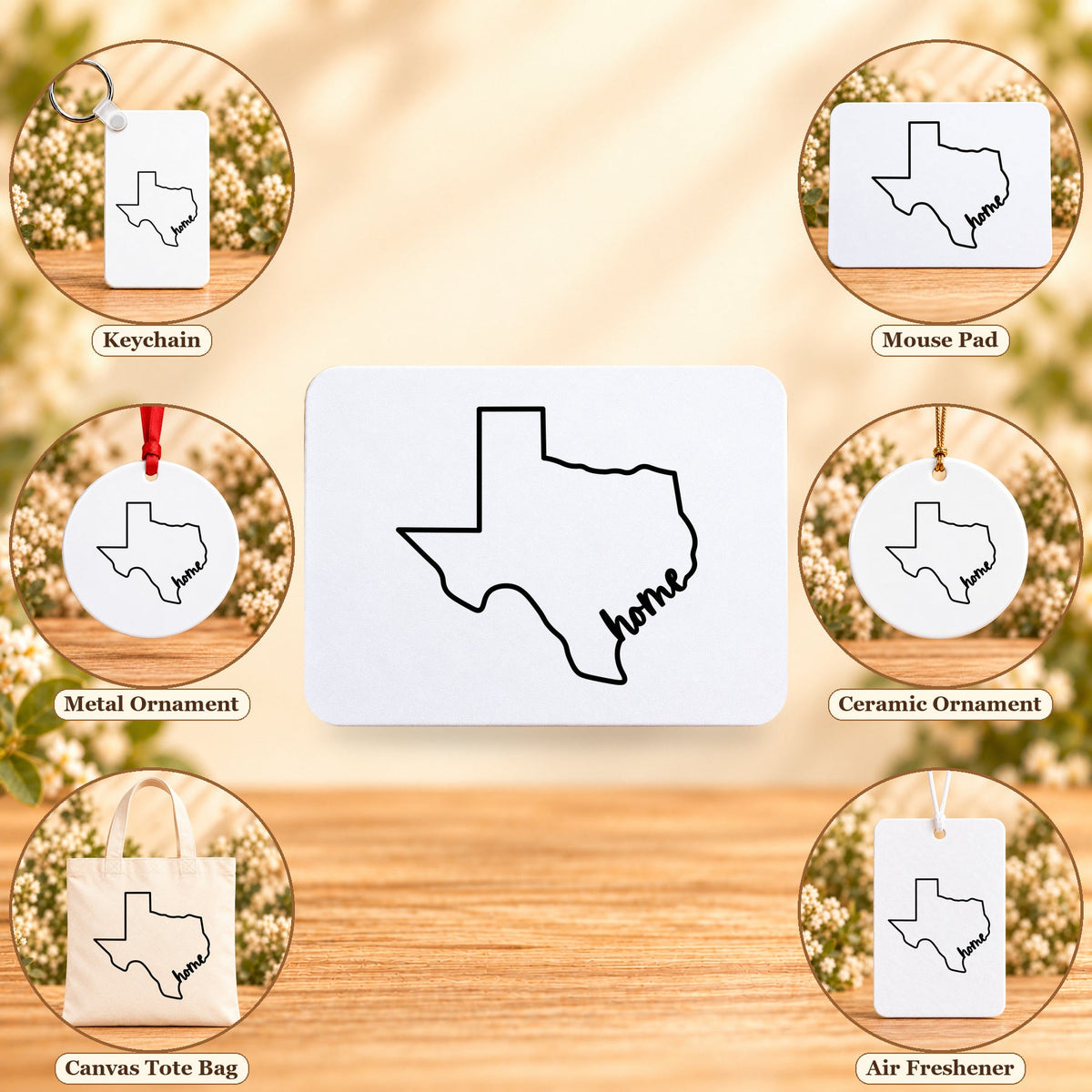 Texas Home — keychain, mouse pad, metal ornament, ceramic ornament, canvas tote and unscented air freshener overview; sold individually