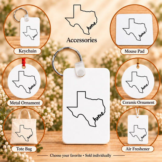 Texas Home — keychain, mouse pad, metal ornament, ceramic ornament, canvas tote and unscented air freshener overview; sold individually