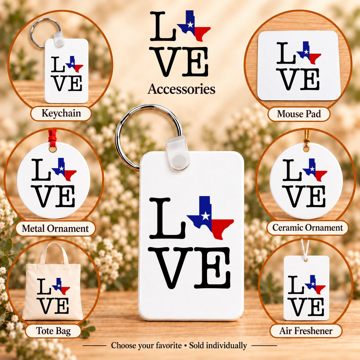 Texas Love State Flag — keychain, mouse pad, metal ornament, ceramic ornament, canvas tote and unscented air freshener overview; sold individually