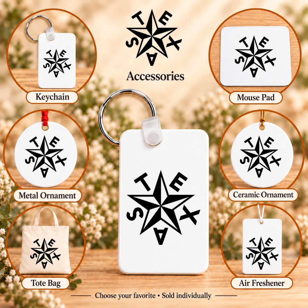 Texas Star — keychain, mouse pad, metal ornament, ceramic ornament, canvas tote and unscented air freshener overview; sold individually