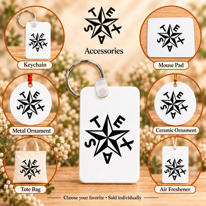 Texas Star — keychain, mouse pad, metal ornament, ceramic ornament, canvas tote and unscented air freshener overview; sold individually