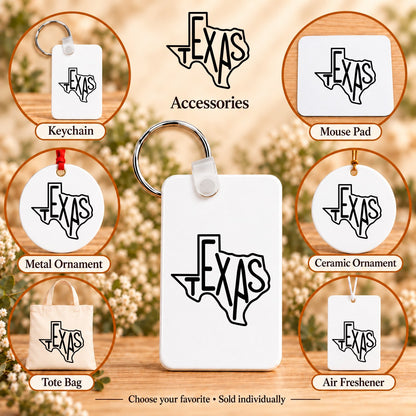 Texas State Outline — keychain, mouse pad, metal ornament, ceramic ornament, canvas tote and unscented air freshener overview; sold individually