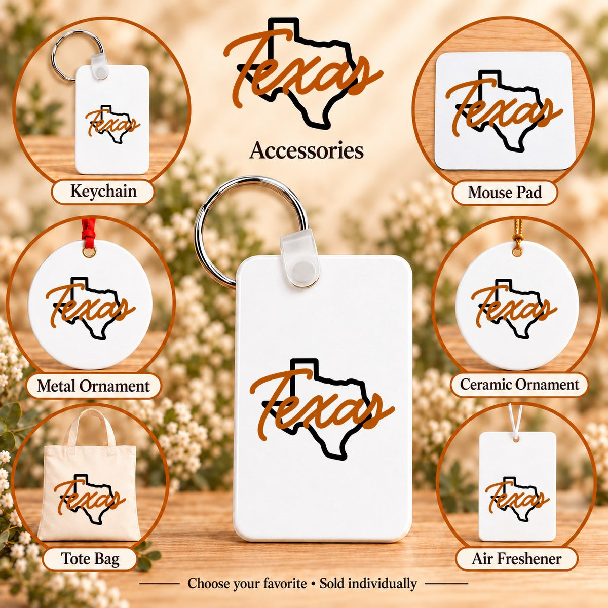 Texas State Script — keychain, mouse pad, metal ornament, ceramic ornament, canvas tote and unscented air freshener overview; sold individually