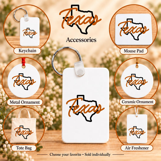 Texas State Script — keychain, mouse pad, metal ornament, ceramic ornament, canvas tote and unscented air freshener overview; sold individually