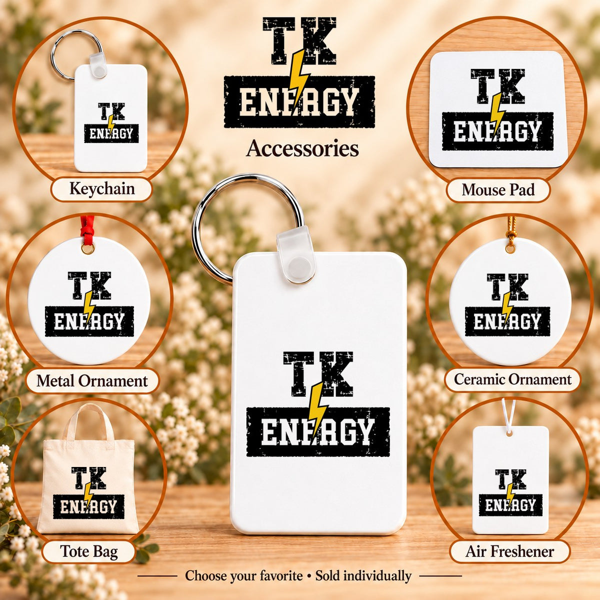 TK Energy — keychain, mouse pad, metal ornament, ceramic ornament, canvas tote and unscented air freshener overview; sold individually