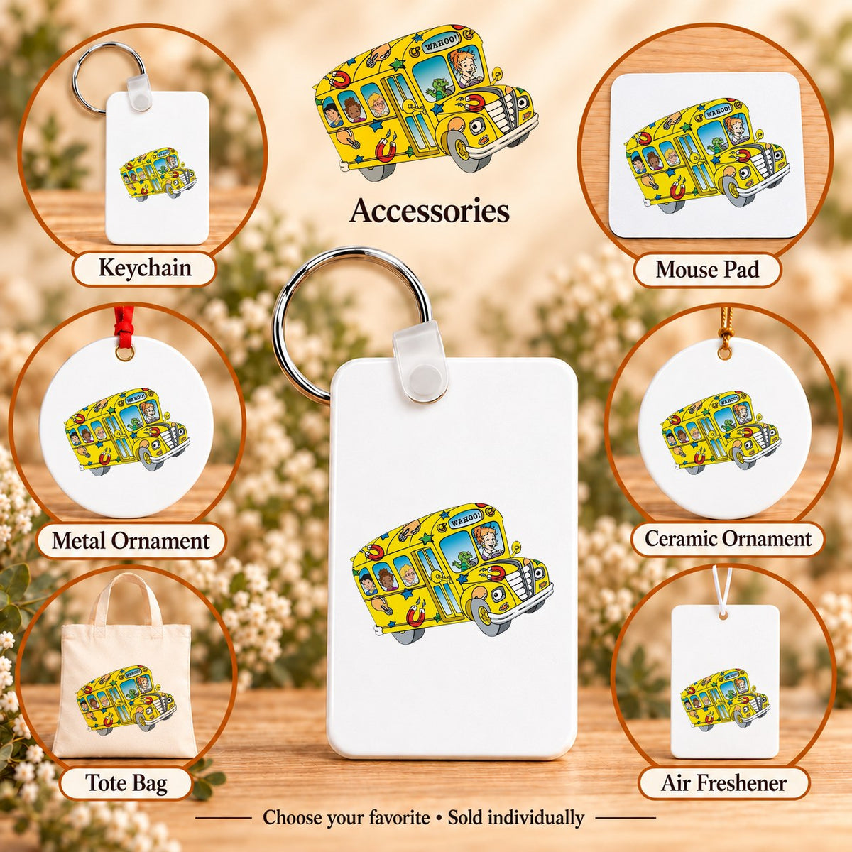 Wahoo School Bus — keychain, mouse pad, metal ornament, ceramic ornament, canvas tote and unscented air freshener overview; sold individually