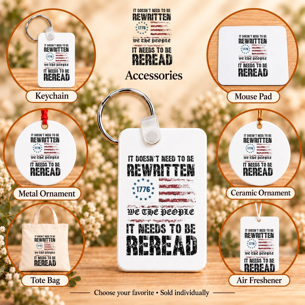 We the People It Needs to Be Reread — keychain, mouse pad, metal ornament, ceramic ornament, canvas tote and unscented air freshener overview; sold individually