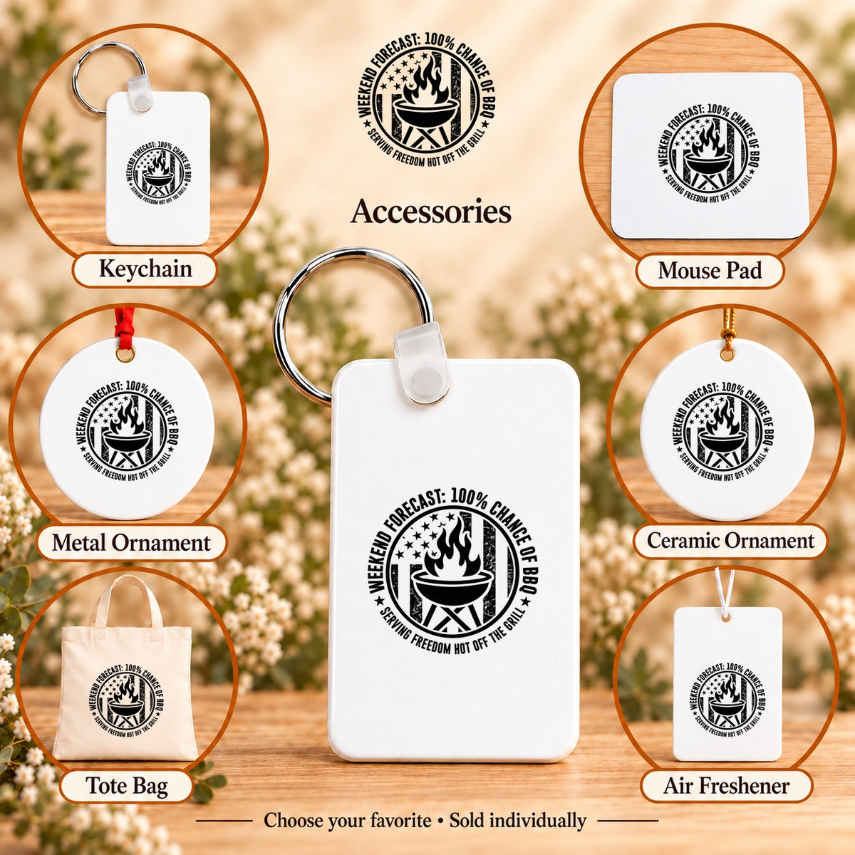 Weekend Forecast: 100% Chance of BBQ — keychain, mouse pad, metal ornament, ceramic ornament, canvas tote and unscented air freshener overview; sold individually