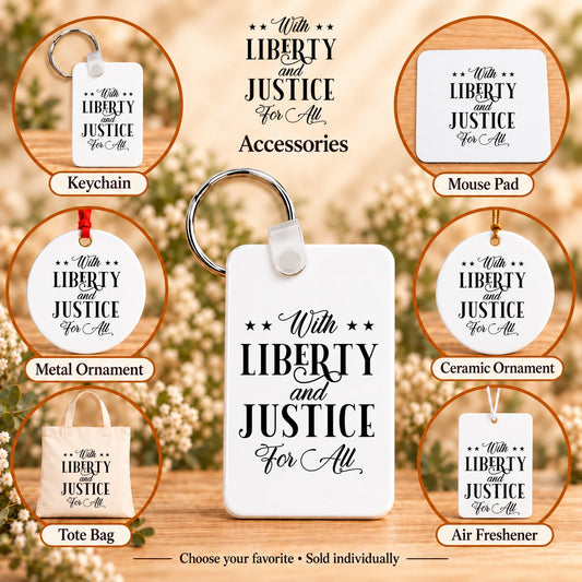With Liberty and Justice for All — keychain, mouse pad, metal ornament, ceramic ornament, canvas tote and unscented air freshener overview; sold individually
