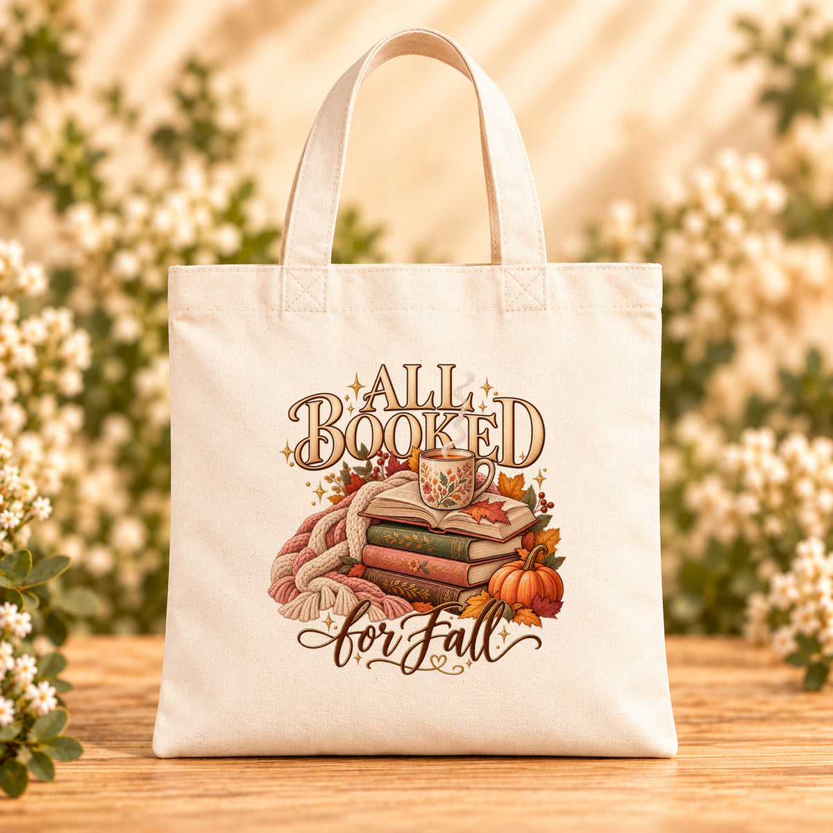 All Booked for Fall — Beige Canvas Tote Bag