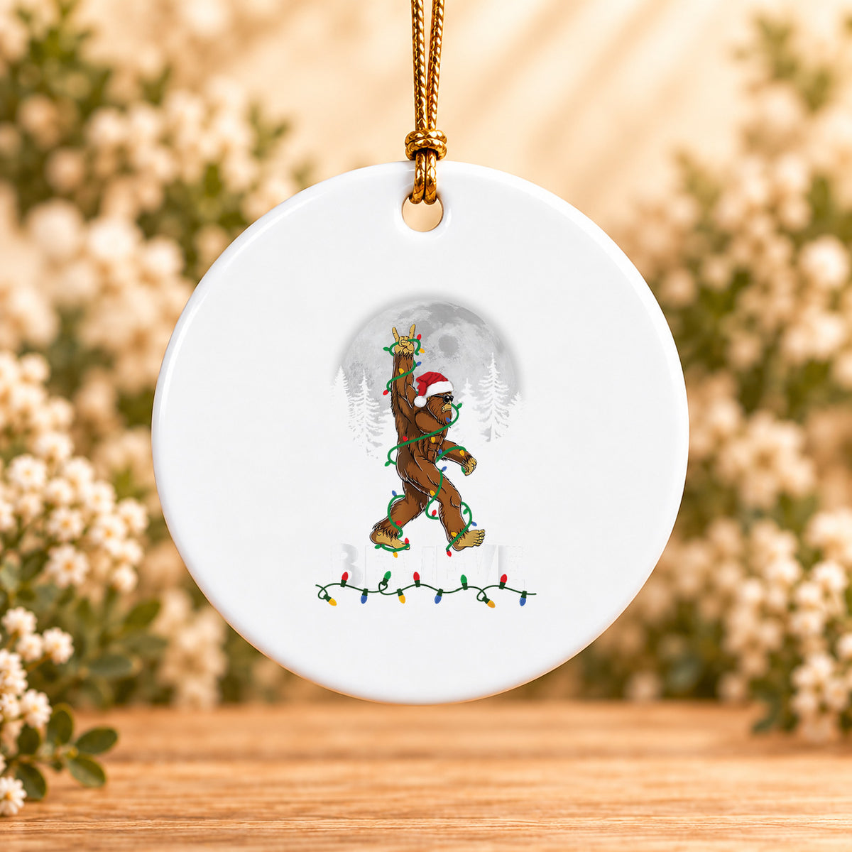 Believe Bigfoot Moon — Round Ceramic Ornament