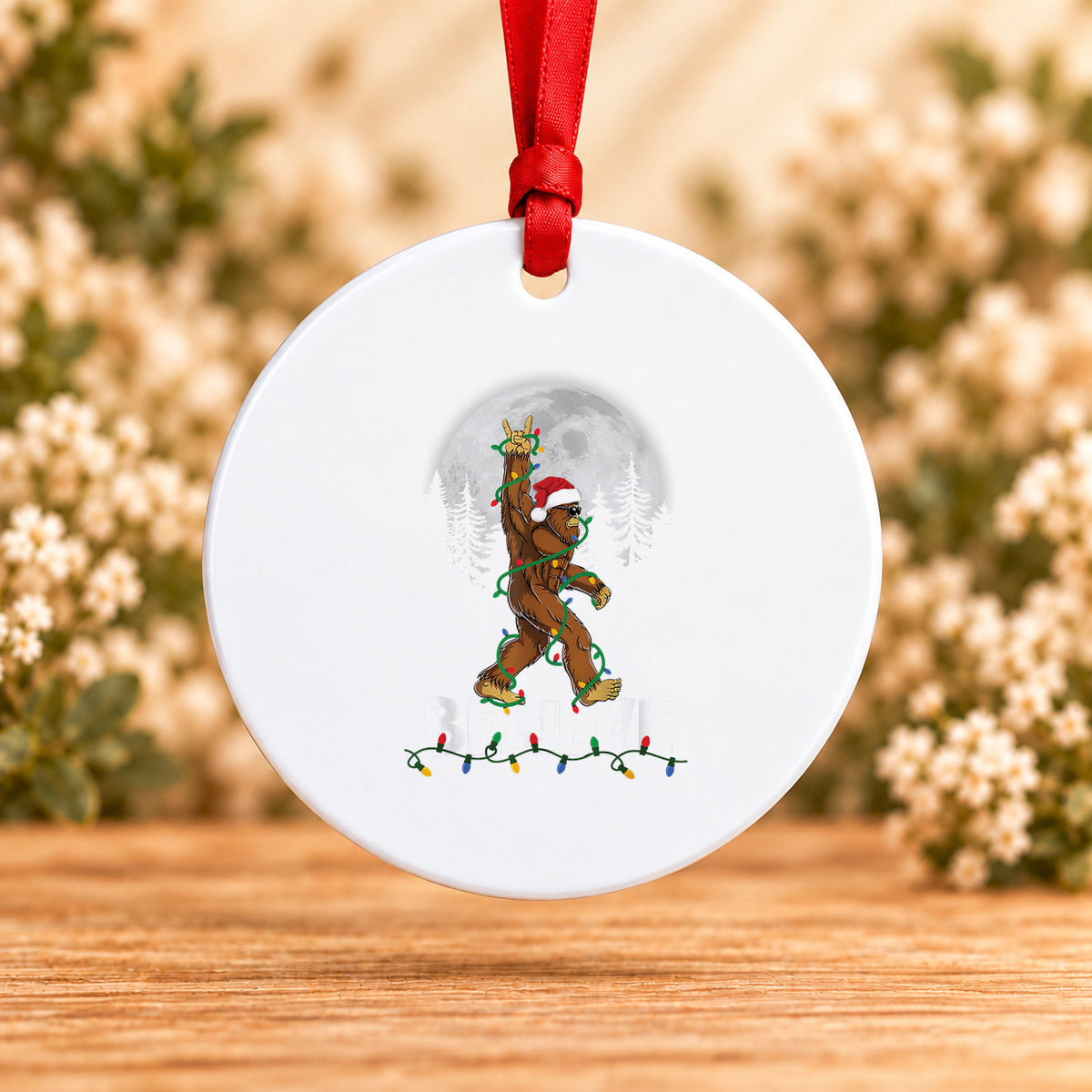 Believe Bigfoot Moon — Round Metal Ornament