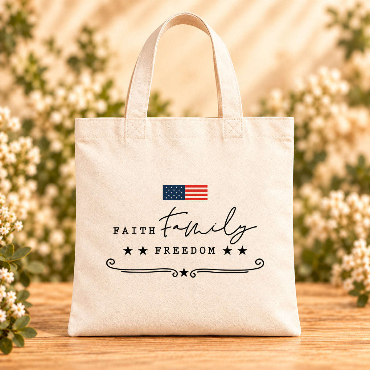 Faith Family Freedom — Beige Canvas Tote Bag