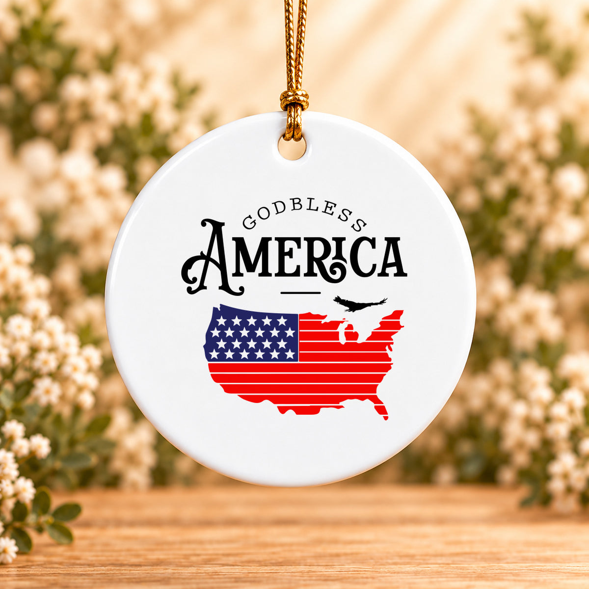 God Bless America Map — Round Ceramic Ornament