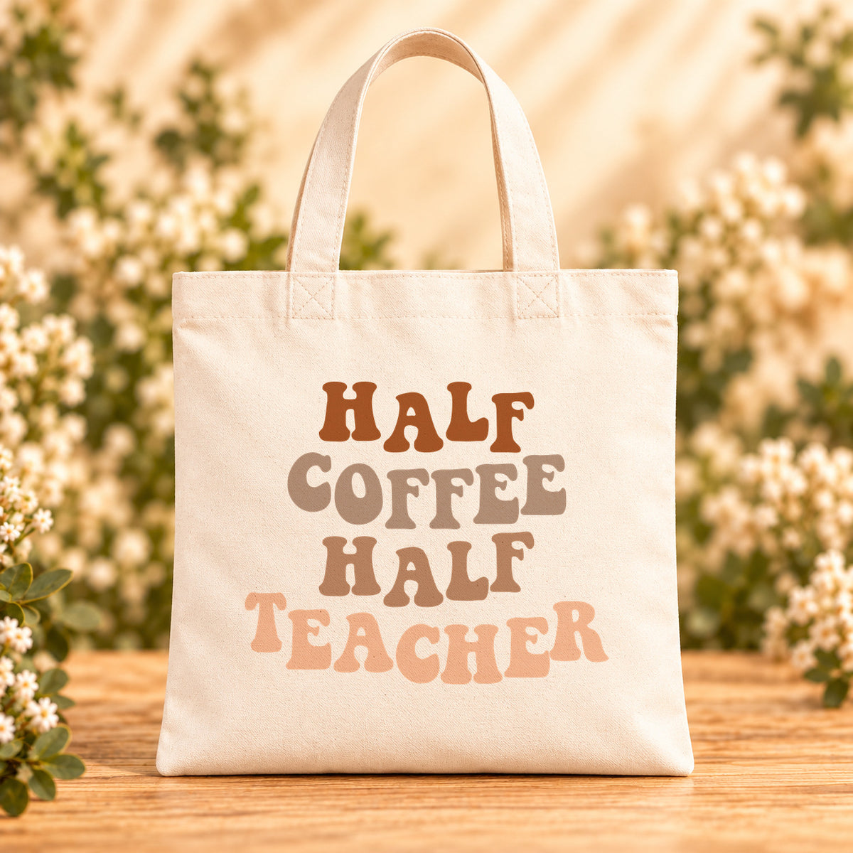 Half Coffee Half Teacher — Beige Canvas Tote Bag