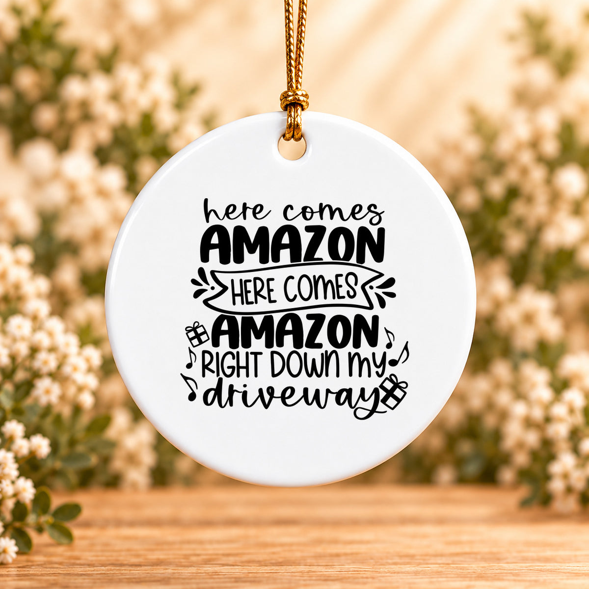 Here Comes Amazon Right Down My Driveway — Round Ceramic Ornament