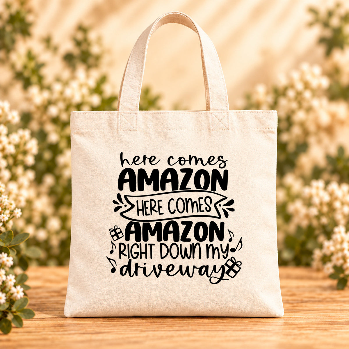 Here Comes Amazon Right Down My Driveway — Beige Canvas Tote Bag