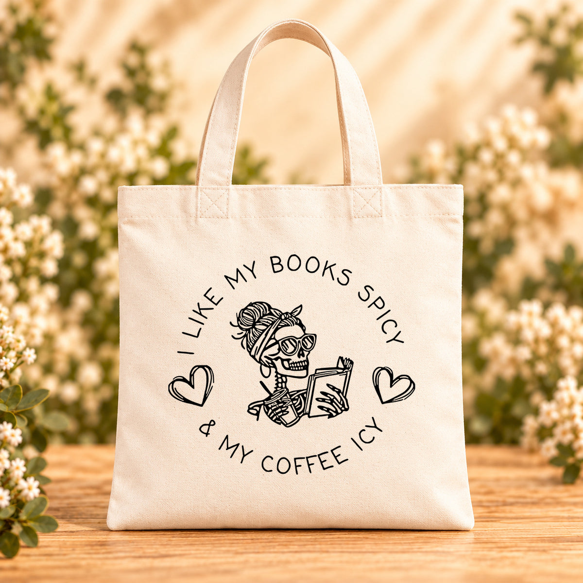 I Like My Books Spicy & My Coffee Icy — Beige Canvas Tote Bag