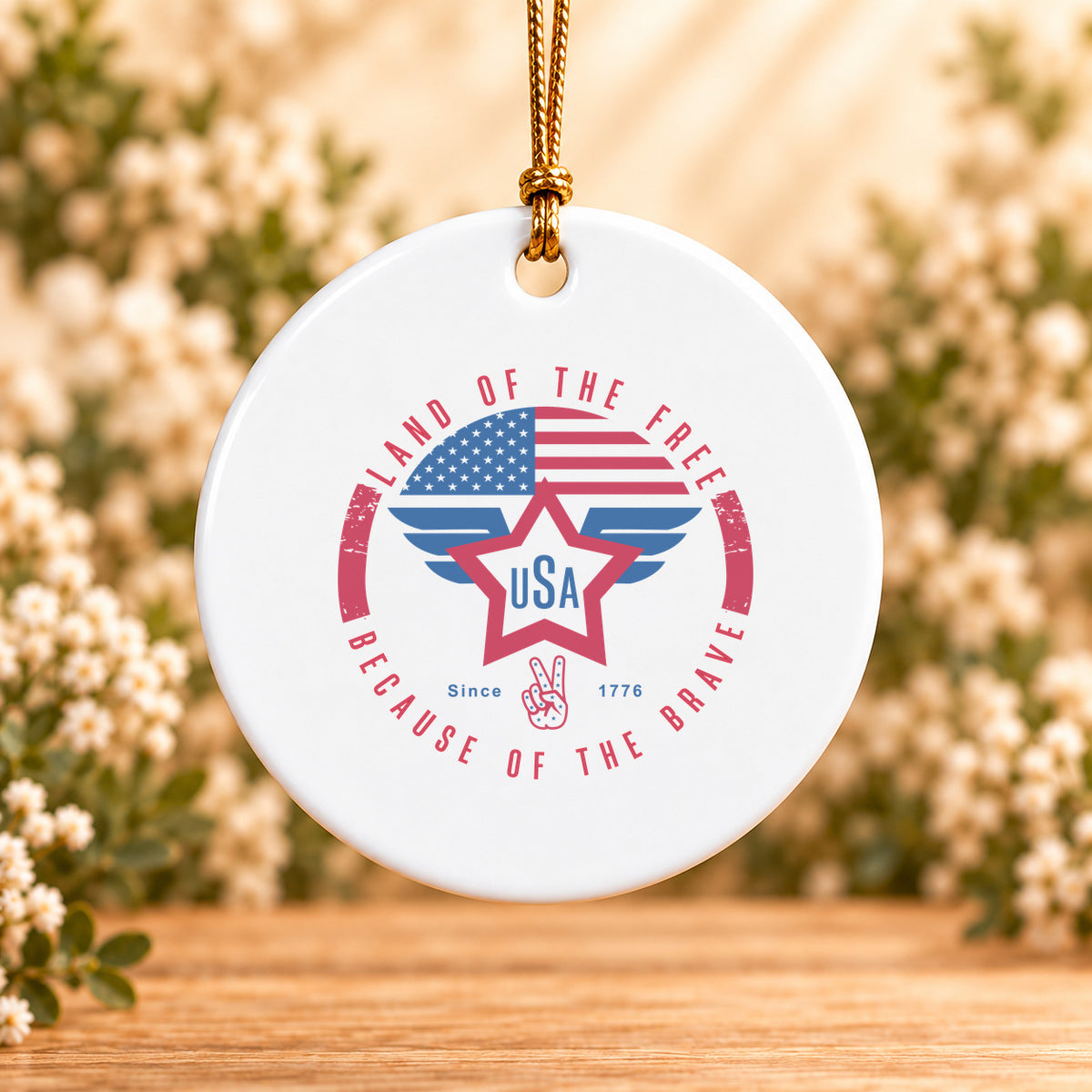 Land of the Free USA Wings — Round Ceramic Ornament