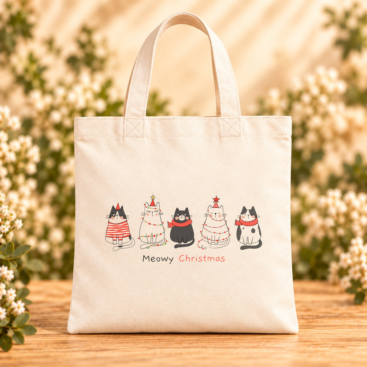 Meowy Christmas — Beige Canvas Tote Bag
