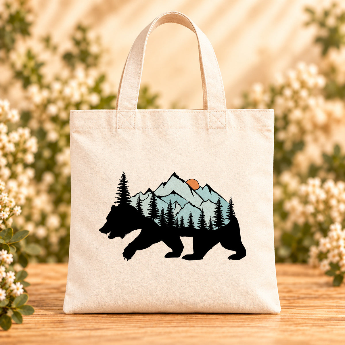 Mountain Bear — Beige Canvas Tote Bag