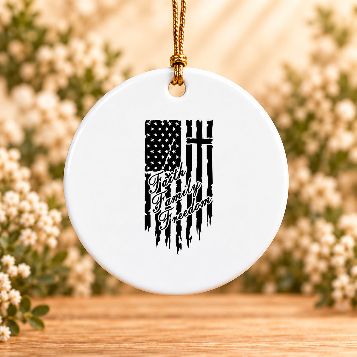 One Nation Under God Faith Family Freedom — Round Ceramic Ornament