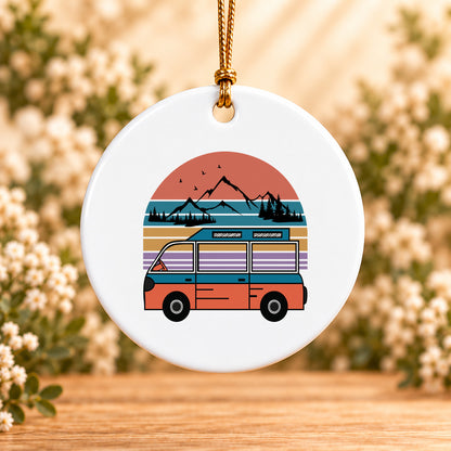 Retro Adventure Van — Round Ceramic Ornament