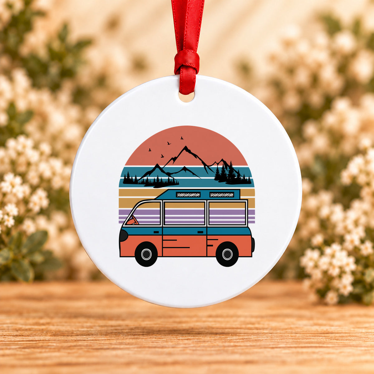 Retro Adventure Van — Round Metal Ornament