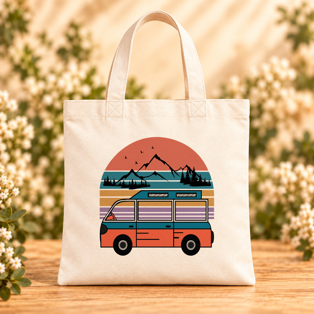 Retro Adventure Van — Beige Canvas Tote Bag