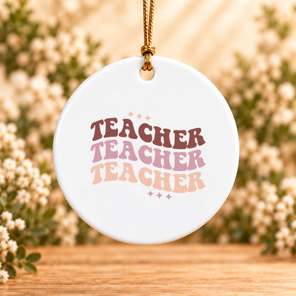Retro Teacher Repeat — Round Ceramic Ornament
