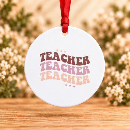 Retro Teacher Repeat — Round Metal Ornament