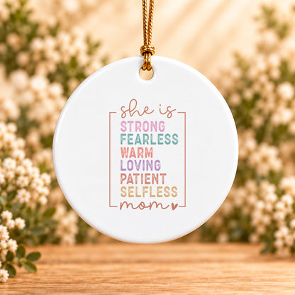 She Is Strong Fearless Loving Mom — Round Ceramic Ornament